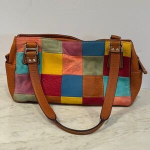 Fossil Multicolor Patchwork brown Leather Handbag Satchel Bag Purse ZB9932 w key